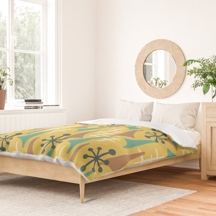 Mid Century Modern Atomic Wing Composition 55 Yellow Brown and Teal Duvet Cover Gallery Image 2