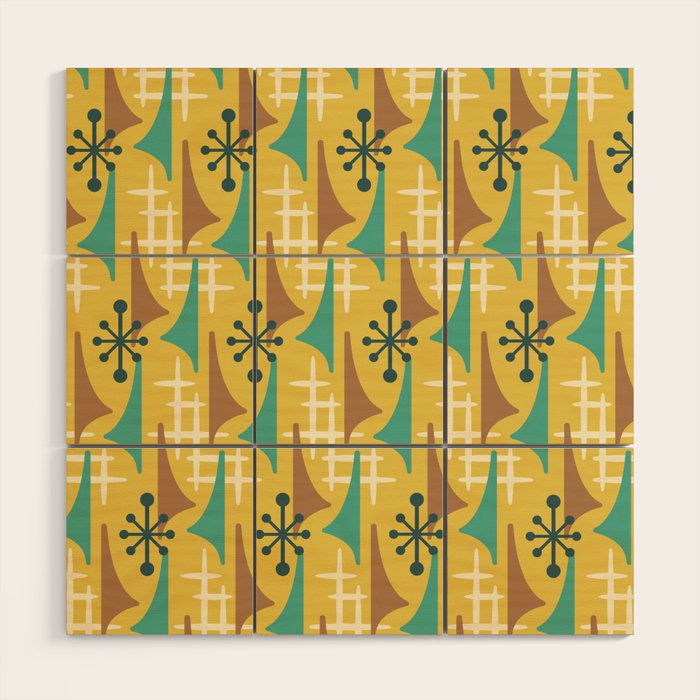 Mid Century Modern Atomic Wing Composition 55 Yellow Brown and Teal Wood Wall Art Gallery Image 1