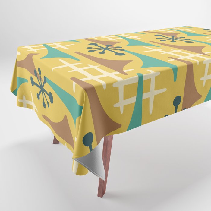 Mid Century Modern Atomic Wing Composition 55 Yellow Brown and Teal Tablecloth Gallery Image 1