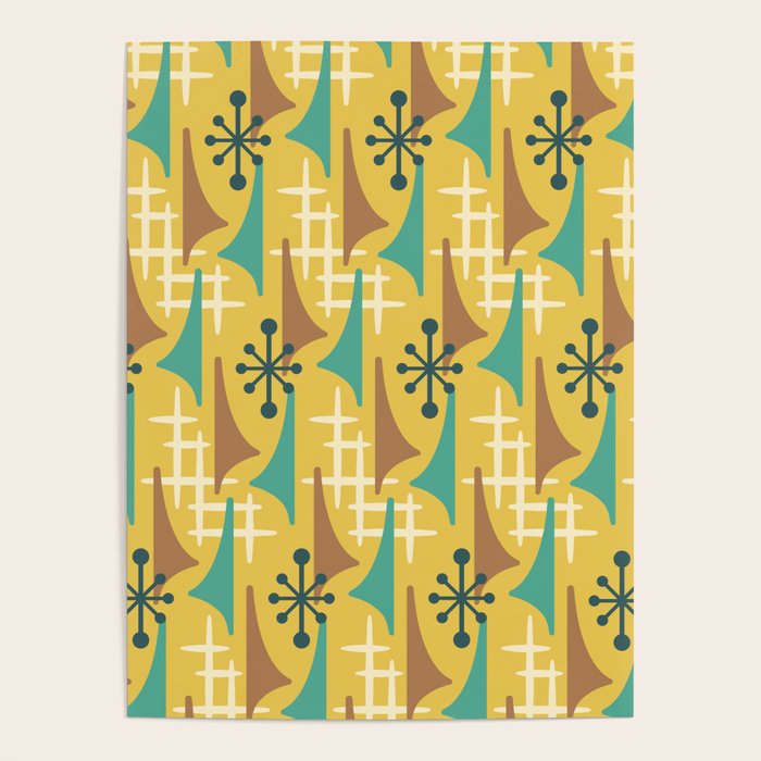 Mid Century Modern Atomic Wing Composition 55 Yellow Brown and Teal Poster Gallery Image 1