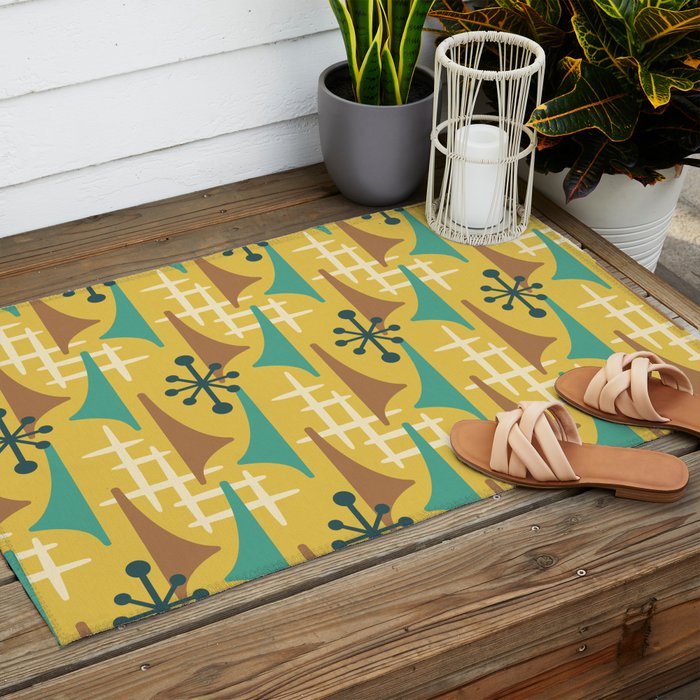 Mid Century Modern Atomic Wing Composition 55 Yellow Brown and Teal Outdoor Rug Gallery Image 2