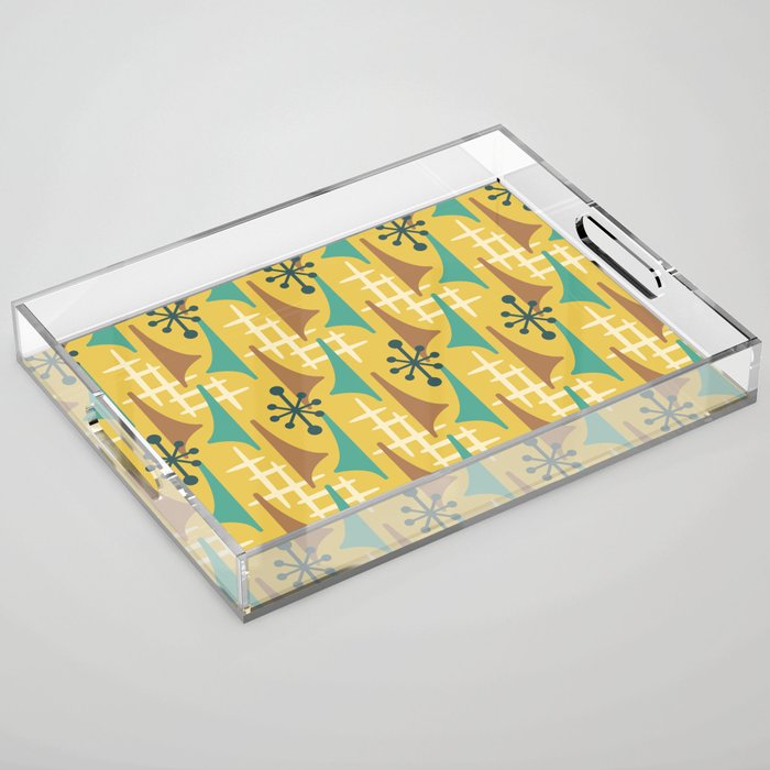 Mid Century Modern Atomic Wing Composition 55 Yellow Brown and Teal Acrylic Tray Gallery Image 1