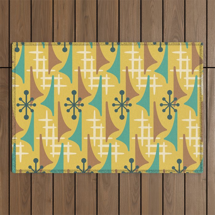 Mid Century Modern Atomic Wing Composition 55 Yellow Brown and Teal Outdoor Rug Gallery Image 1