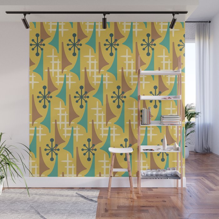 Mid Century Modern Atomic Wing Composition 55 Yellow Brown and Teal Wall Mural Gallery Image 1