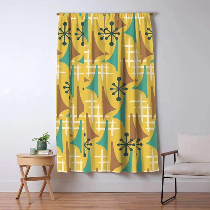 Mid Century Modern Atomic Wing Composition 55 Yellow Brown and Teal Window Curtain Gallery Image 5
