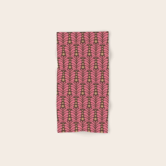 Pink and Brown Botanical Scalloped Art Deco Pattern Bath Towel Gallery Image 1