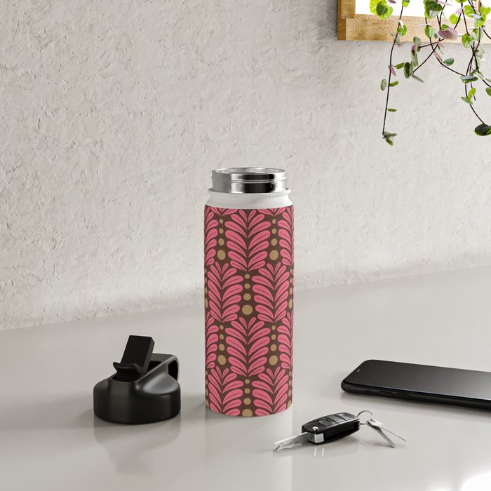 Pink and Brown Botanical Scalloped Art Deco Pattern Water Bottle Gallery Image 4