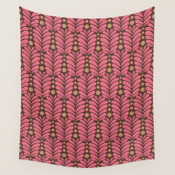 Pink and Brown Botanical Scalloped Art Deco Pattern Wall Tapestry Gallery Image 4