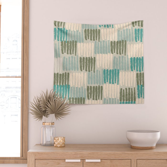 Forchetti Pattern Vintage Olive Green, Teal, Celadon Blue, and Cream Wall Tapestry Gallery Image 2