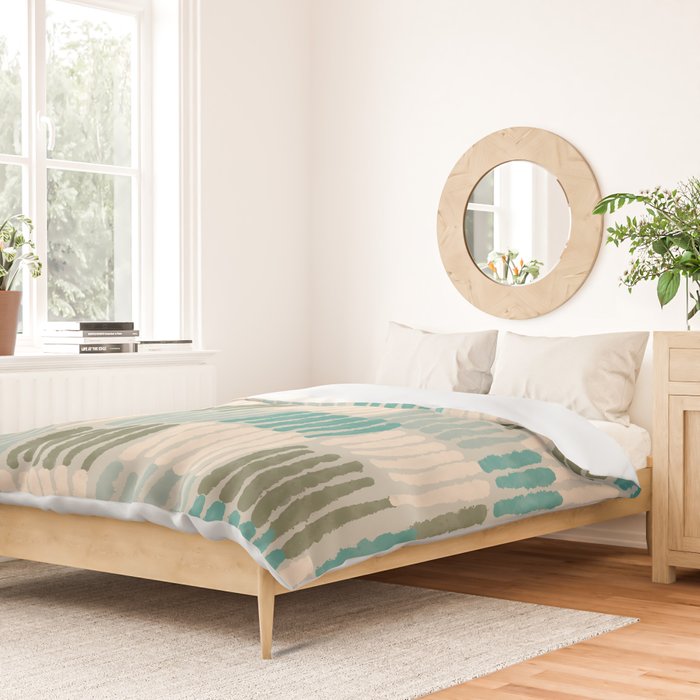 Forchetti Pattern Vintage Olive Green, Teal, Celadon Blue, and Cream Duvet Cover Gallery Image 2