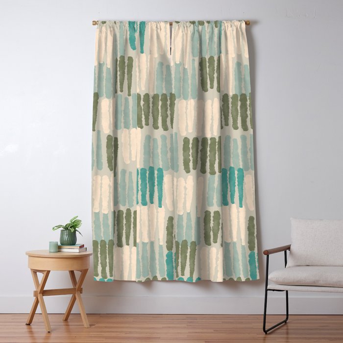 Forchetti Pattern Vintage Olive Green, Teal, Celadon Blue, and Cream Window Curtain Gallery Image 1