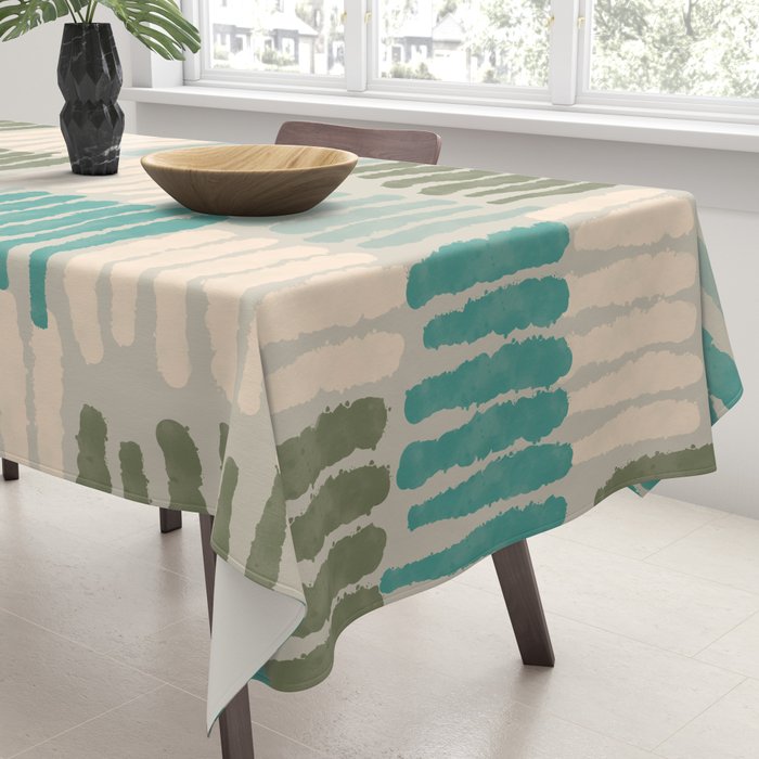 Forchetti Pattern Vintage Olive Green, Teal, Celadon Blue, and Cream Tablecloth Gallery Image 3