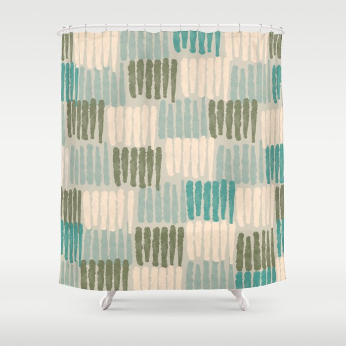 Forchetti Pattern Vintage Olive Green, Teal, Celadon Blue, and Cream Shower Curtain Gallery Image 1