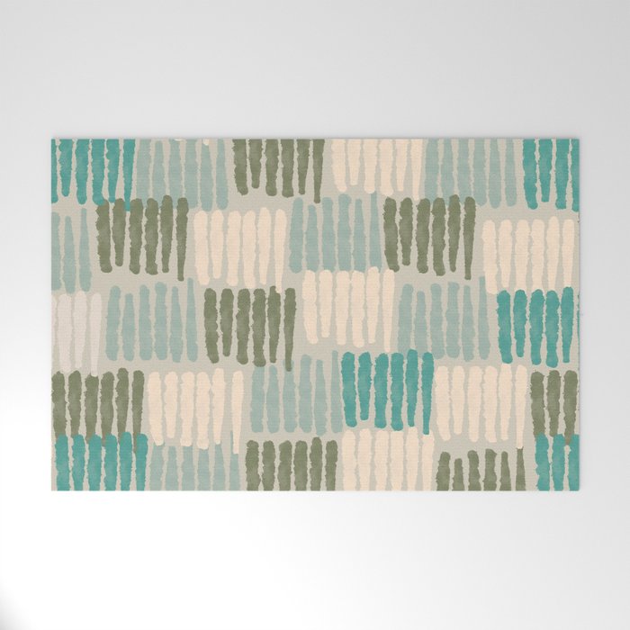Forchetti Pattern Vintage Olive Green, Teal, Celadon Blue, and Cream Welcome Mat Gallery Image 1