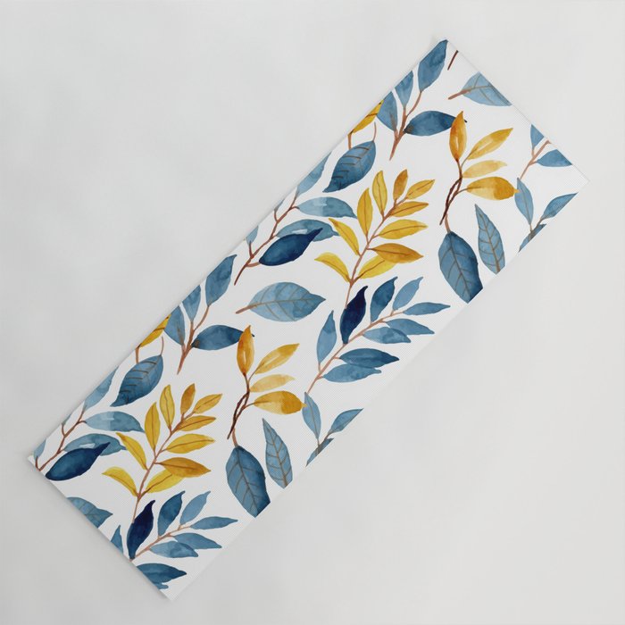 Watercolor Leaves, Yellow and Blue, Floral Prints Yoga Mat Gallery Image 1
