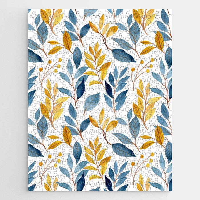 Watercolor Leaves, Yellow and Blue, Floral Prints Jigsaw Puzzle Gallery Image 1