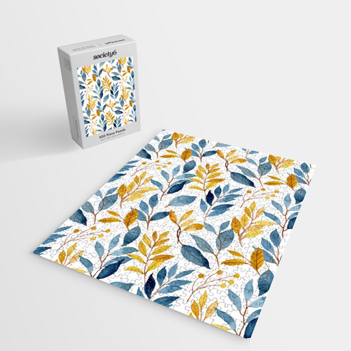 Watercolor Leaves, Yellow and Blue, Floral Prints Jigsaw Puzzle Gallery Image 2
