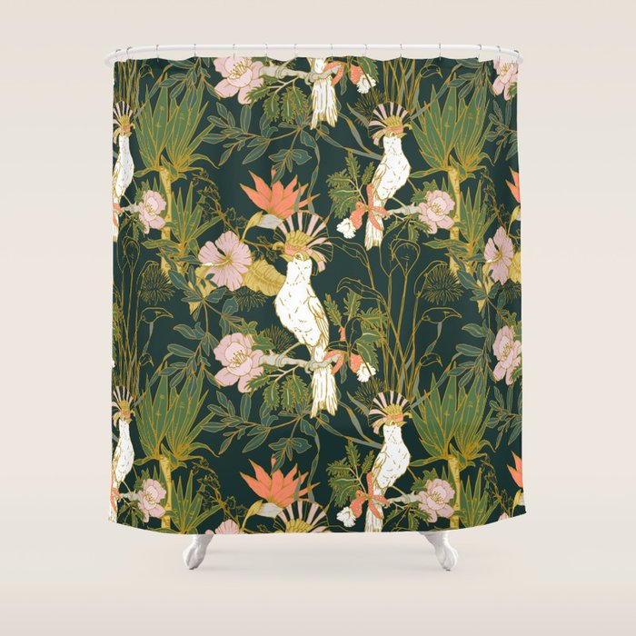 Drawing of exotic birds in the dark jungle Shower Curtain Gallery Image 1