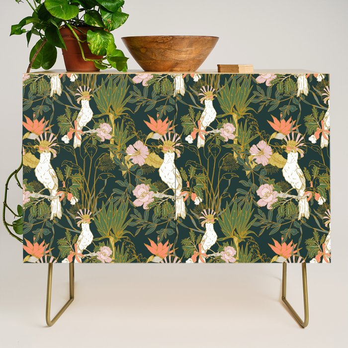 Drawing of exotic birds in the dark jungle Credenza Gallery Image 1
