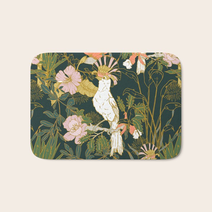 Drawing of exotic birds in the dark jungle Bath Mat Gallery Image 1
