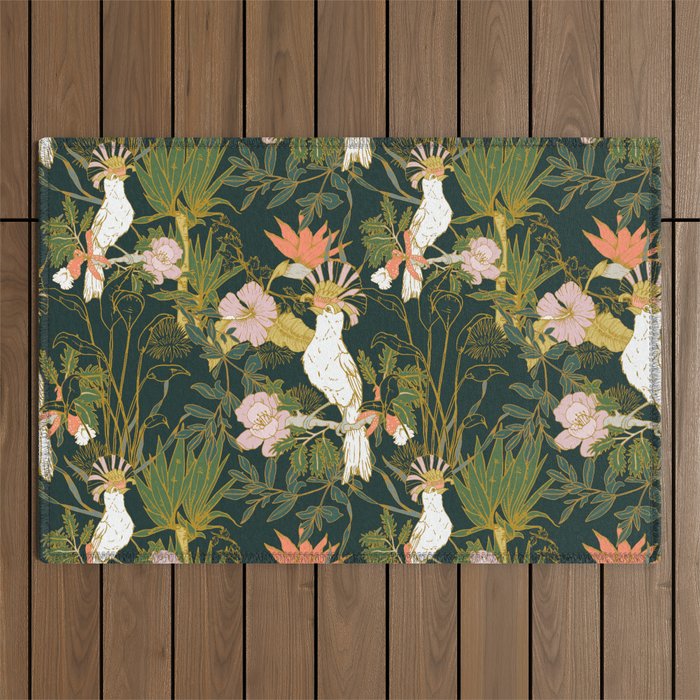 Drawing of exotic birds in the dark jungle Outdoor Rug Gallery Image 1