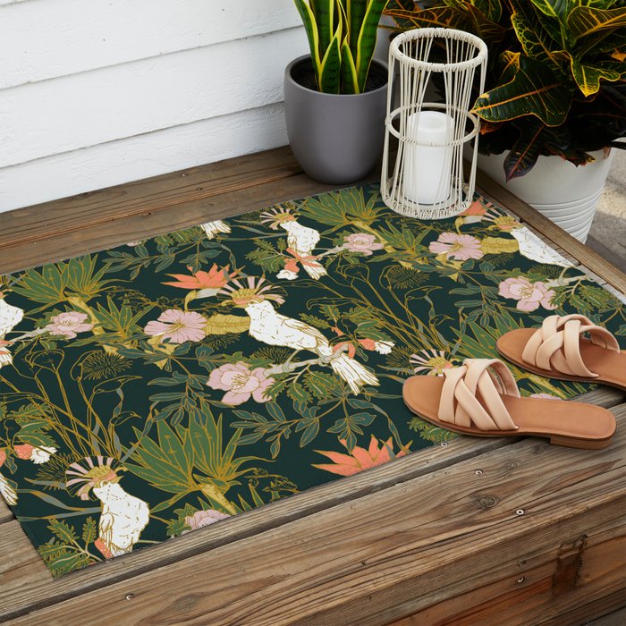 Drawing of exotic birds in the dark jungle Outdoor Rug Gallery Image 2
