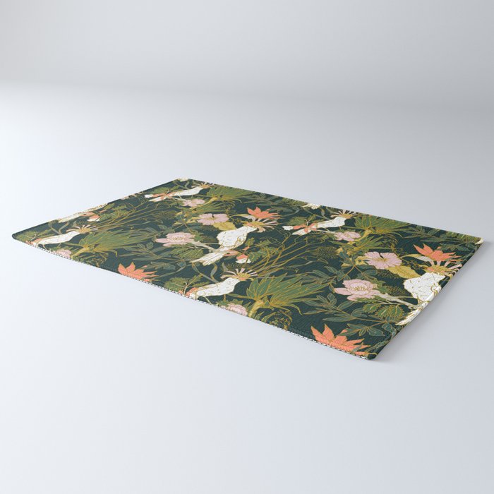 Drawing of exotic birds in the dark jungle Rug Gallery Image 3