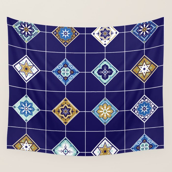 Talavera Mexican Tile - Navy & Bronze Palette Wall Tapestry Gallery Image 4