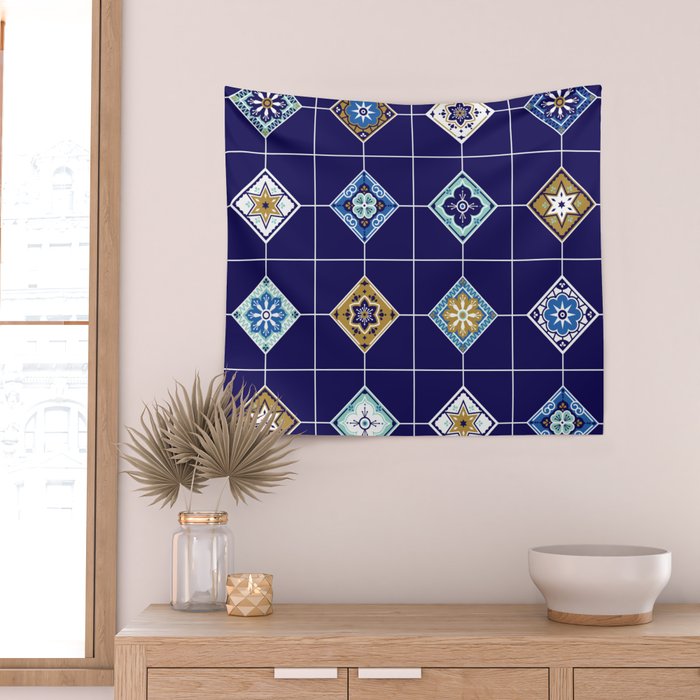 Talavera Mexican Tile - Navy & Bronze Palette Wall Tapestry Gallery Image 2