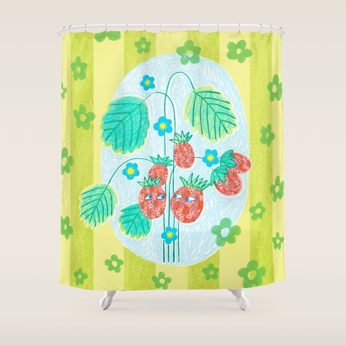 Sweet Strawberry Plant Friends in Lime & Pink Shower Curtain Gallery Image 1