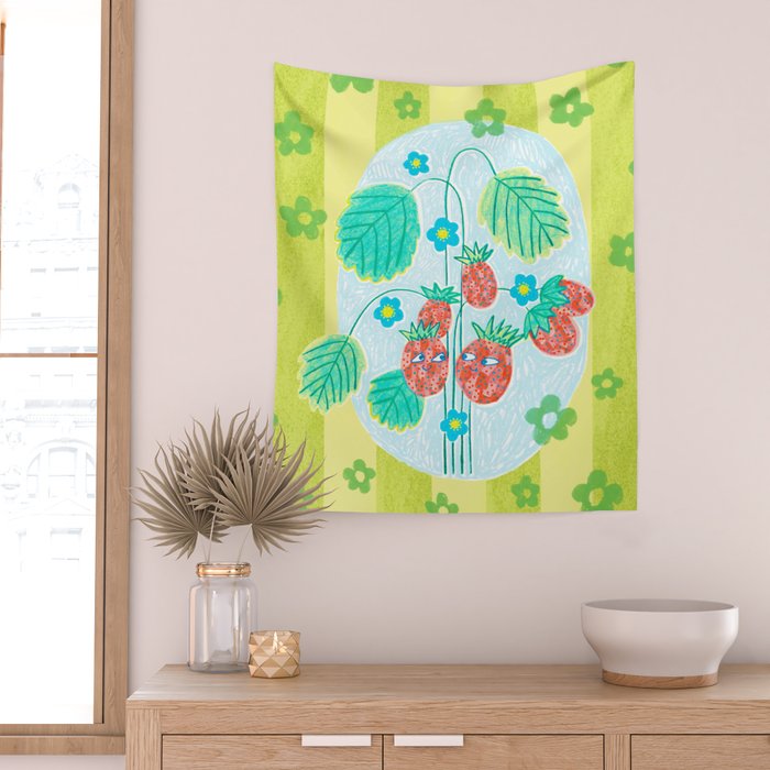 Sweet Strawberry Plant Friends in Lime & Pink Wall Tapestry Gallery Image 2