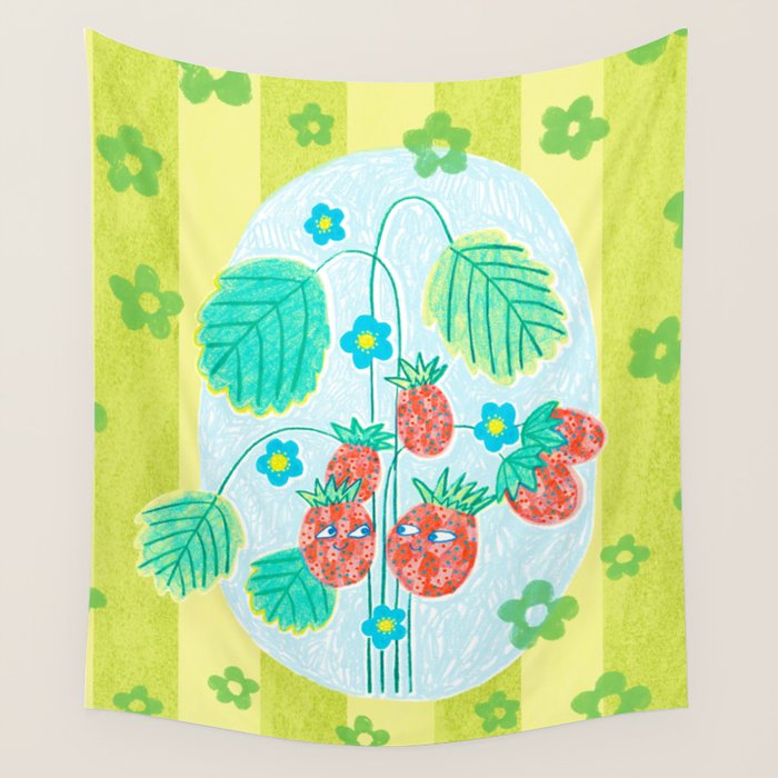 Sweet Strawberry Plant Friends in Lime & Pink Wall Tapestry Gallery Image 1