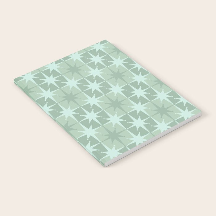 Mid Century Modern Atomic Stars Checkered Starburst Pattern in Retro Sea Glass Green Tones Notebook