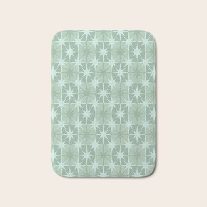 Mid Century Modern Atomic Stars Checkered Starburst Pattern in Retro Sea Glass Green Tones Bath Mat Gallery Image 1