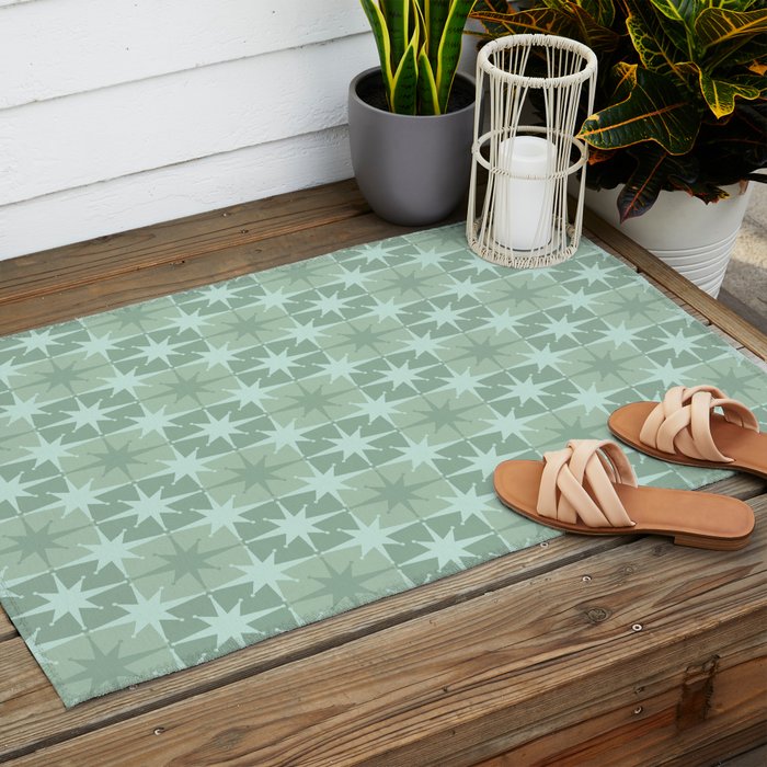 Mid Century Modern Atomic Stars Checkered Starburst Pattern in Retro Sea Glass Green Tones Outdoor Rug Gallery Image 2