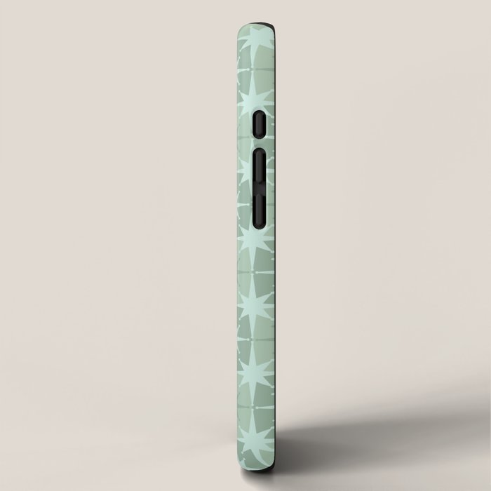 Mid Century Modern Atomic Stars Checkered Starburst Pattern in Retro Sea Glass Green Tones iPhone Case Gallery Image 2