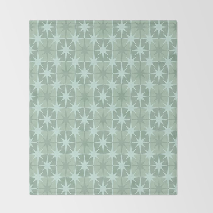 Mid Century Modern Atomic Stars Checkered Starburst Pattern in Retro Sea Glass Green Tones Throw Blanket Gallery Image 2