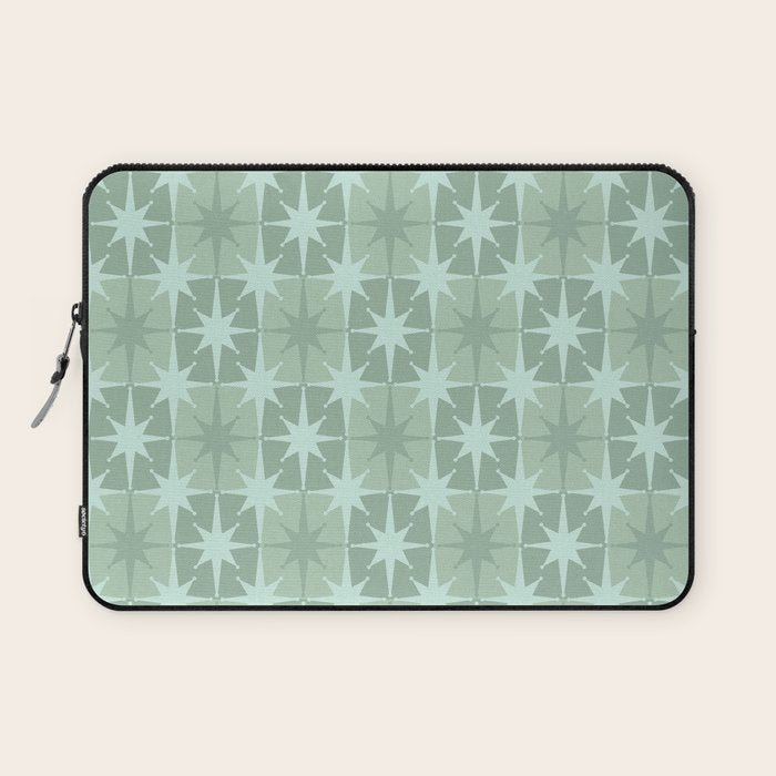 Mid Century Modern Atomic Stars Checkered Starburst Pattern in Retro Sea Glass Green Tones Laptop Sleeve Gallery Image 1