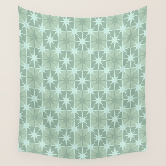 Mid Century Modern Atomic Stars Checkered Starburst Pattern in Retro Sea Glass Green Tones Wall Tapestry Gallery Image 1