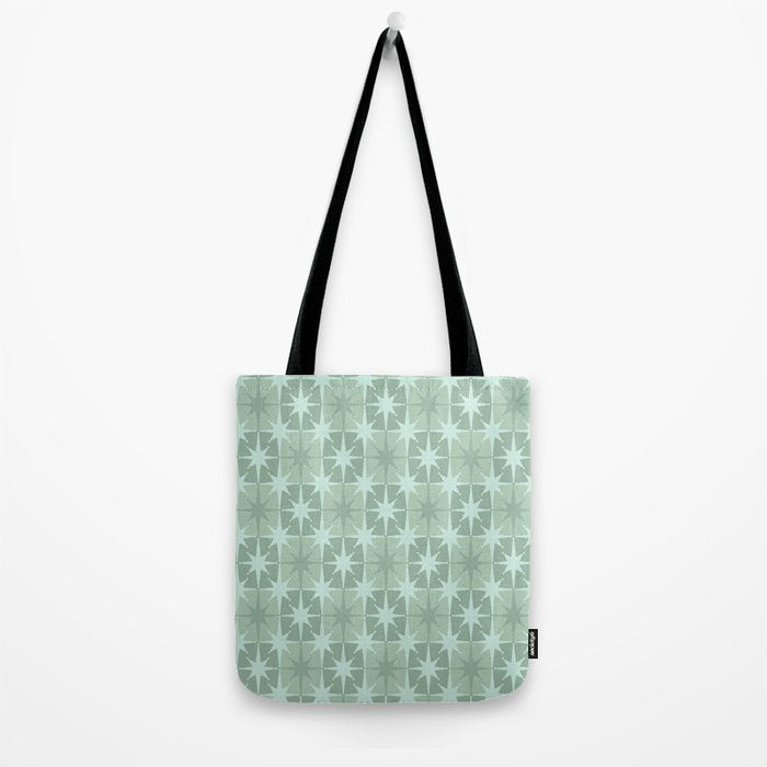 Mid Century Modern Atomic Stars Checkered Starburst Pattern in Retro Sea Glass Green Tones Tote Bag Gallery Image 2