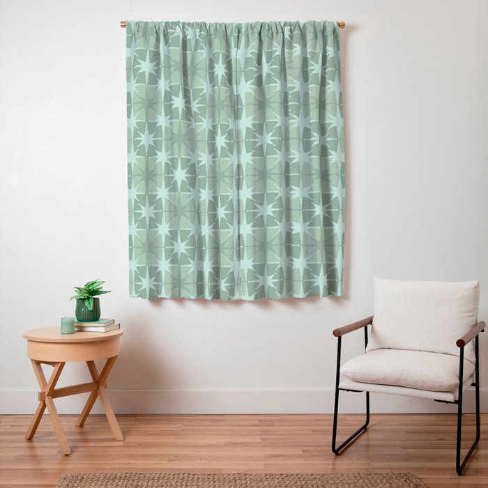 Mid Century Modern Atomic Stars Checkered Starburst Pattern in Retro Sea Glass Green Tones Window Curtain Gallery Image 3