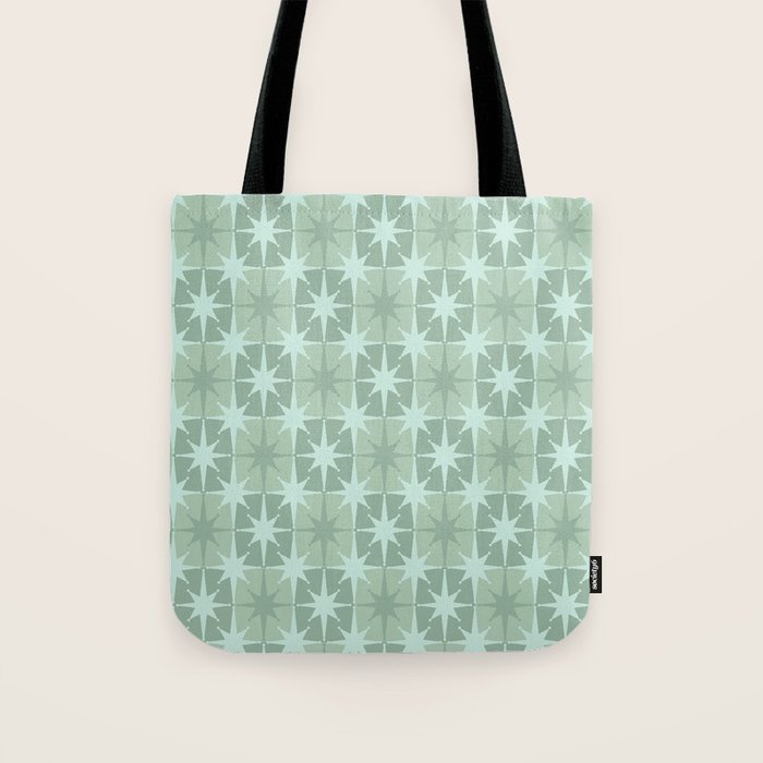 Mid Century Modern Atomic Stars Checkered Starburst Pattern in Retro Sea Glass Green Tones Tote Bag Gallery Image 1