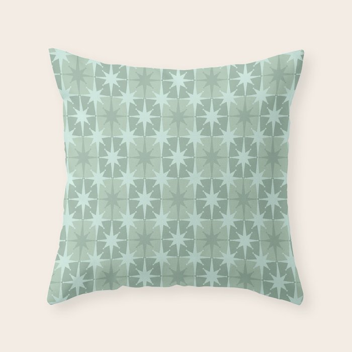 Mid Century Modern Atomic Stars Checkered Starburst Pattern in Retro Sea Glass Green Tones Throw Pillow Gallery Image 1