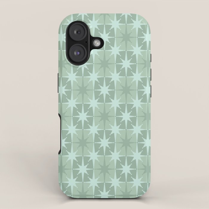 Mid Century Modern Atomic Stars Checkered Starburst Pattern in Retro Sea Glass Green Tones iPhone Case Gallery Image 1