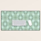Mid Century Modern Atomic Stars Checkered Starburst Pattern in Retro Sea Glass Green Tones Desk Mat Gallery Image 1