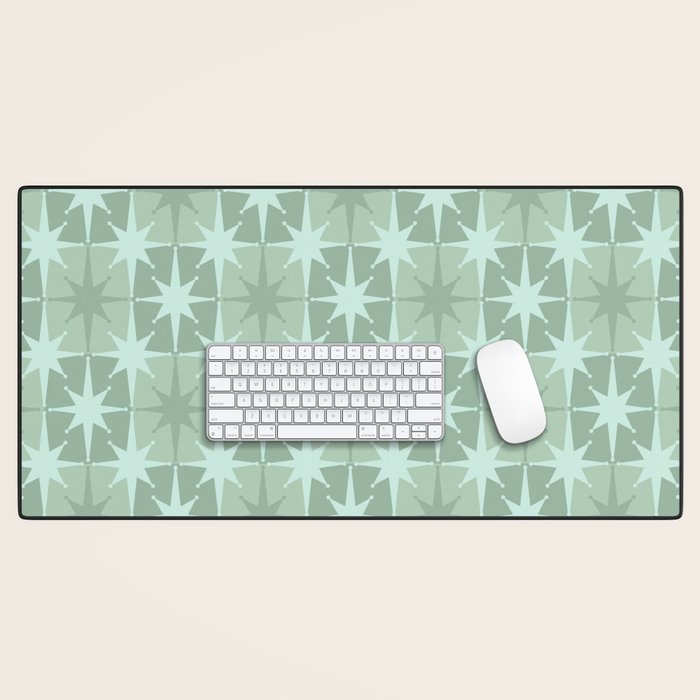 Mid Century Modern Atomic Stars Checkered Starburst Pattern in Retro Sea Glass Green Tones Desk Mat Gallery Image 1