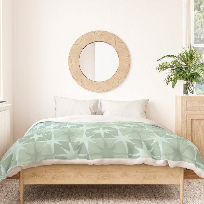 Mid Century Modern Atomic Stars Checkered Starburst Pattern in Retro Sea Glass Green Tones Duvet Cover Gallery Image 3