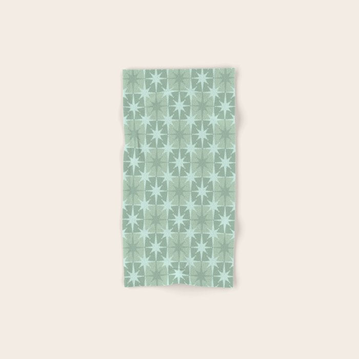 Mid Century Modern Atomic Stars Checkered Starburst Pattern in Retro Sea Glass Green Tones Bath Towel Gallery Image 1
