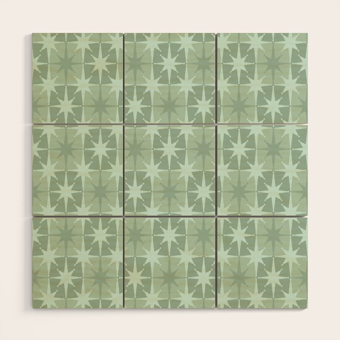 Mid Century Modern Atomic Stars Checkered Starburst Pattern in Retro Sea Glass Green Tones Wood Wall Art Gallery Image 1