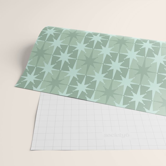 Mid Century Modern Atomic Stars Checkered Starburst Pattern in Retro Sea Glass Green Tones Wrapping Paper Gallery Image 2